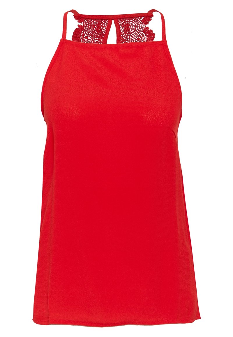 Červený top bez rukávů s krajkovým detailem na zádech, se špagetovými ramínky a volným střihem. Vyrobeno z měkké, hladké tkaniny.