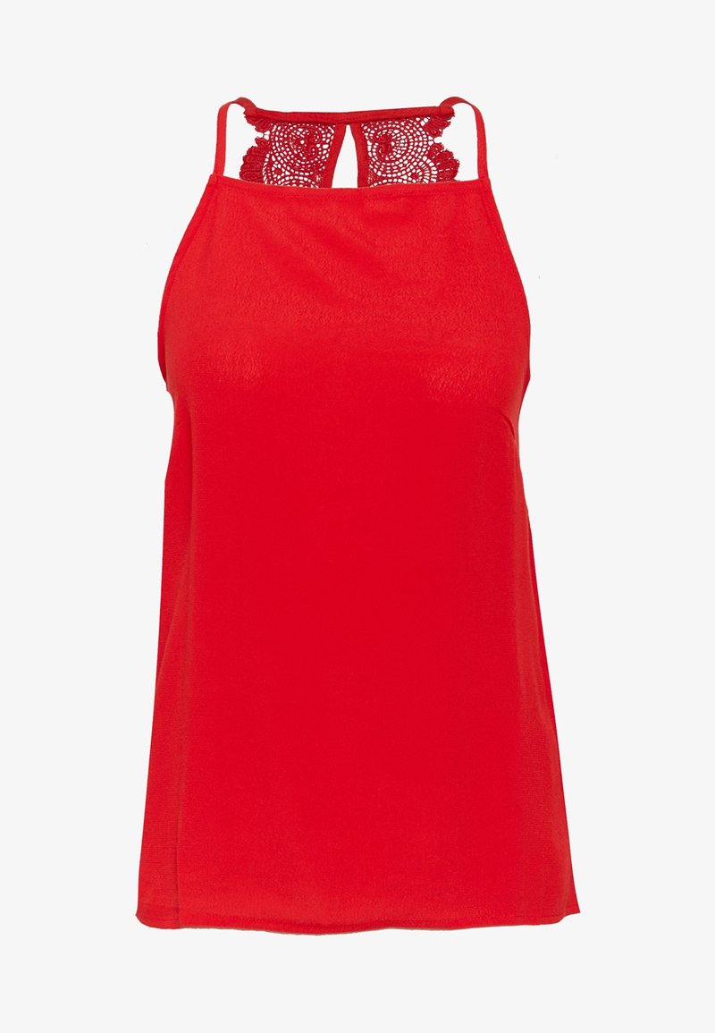 Červený top bez rukávů s krajkovým detailem na zádech, se špagetovými ramínky a volným střihem. Vyrobeno z měkké, hladké tkaniny.
