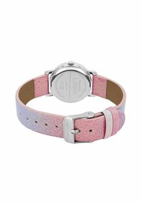 Kinderswitch mit silbernem Edelstahlrücken, rosa-lila glitzerndem verstellbarem Lederarmband und Metallschnalle.