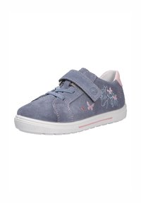 Sneaker in camoscio blu con accenti rosa e design ricamato di unicorno, dotato di cinturino in velcro e suola in gomma bianca.