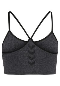 Ciemnoszary sportowy biustonosz z cienkimi czarnymi paskami skrzyżowanymi na plecach i subtelnym wzorem w jodełkę.