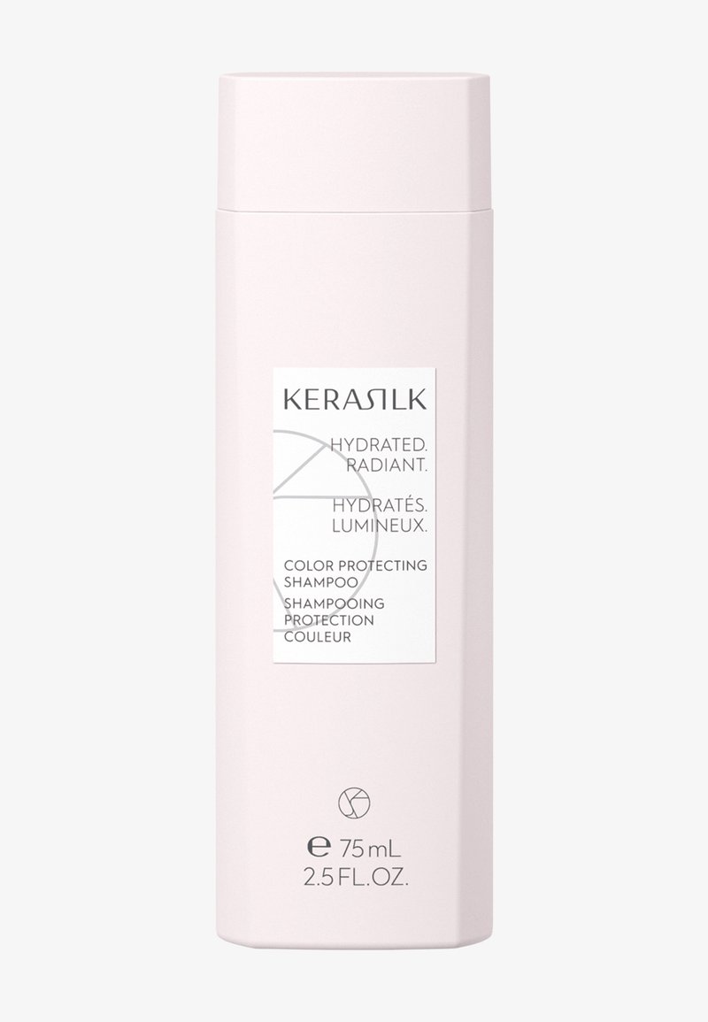 Flacon de shampooing protecteur de couleur KERASILK, étiqueté "Hydrated. Radiant." 75 ml, contenant rose pâle avec étiquette rectangulaire blanche.