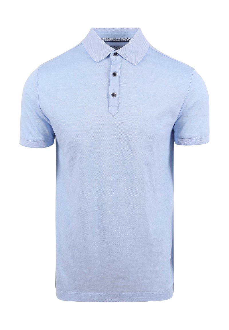 Lichtblauw poloshirt gemaakt van zachte stof, met een puntkraag, een drieknoopsluiting en korte mouwen met geribbelde manchetten.