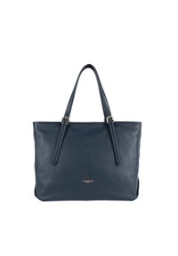 Borsa tote in pelle blu navy con due manici lunghi e minimi dettagli dorati. Texture liscia e forma rettangolare. Nome del marchio visibile sul fronte.
