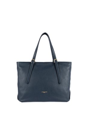 Borsa tote in pelle blu navy con due manici lunghi e minimi dettagli dorati. Texture liscia e forma rettangolare. Nome del marchio visibile sul fronte.