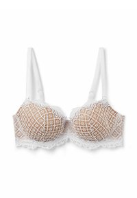 Vitt spetsbh med blommönster, genomskinliga kupor med ett geometriskt rutmönster och justerbara band. Detaljerad spetskantring längs kanterna.