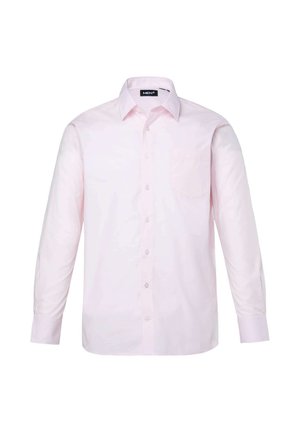 Lyserød langærmet herre-skjorte med knapper, krave og brystlomme, vist på hvid baggrund.