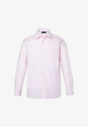 Hellrosa Herrenhemd mit langen Ärmeln, Knopfleiste, Kragen und Brusttasche, auf weißem Hintergrund dargestellt.