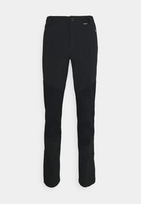Pantalons d'extérieur noirs avec des panneaux mats et texturés contrastants. Comprend une fermeture éclair à l'avant, des passants de ceinture et des détails de couture cintrée.