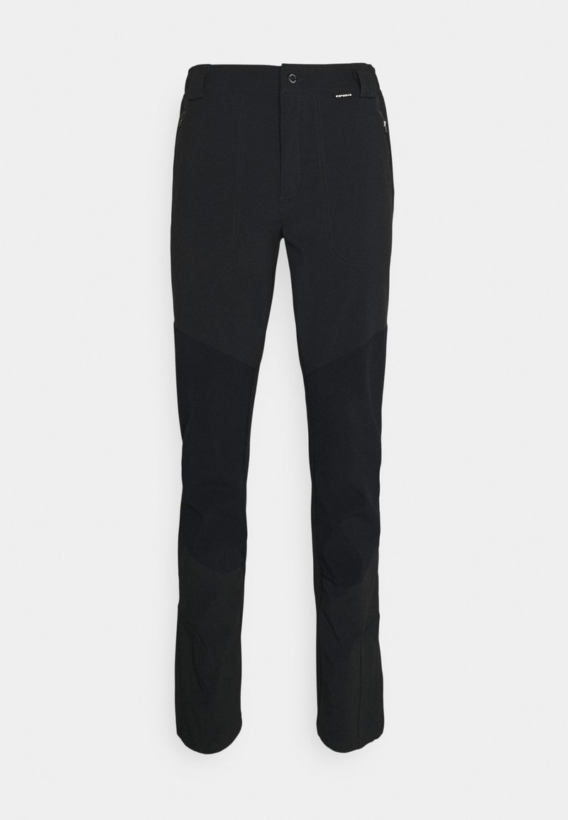 Pantalons d'extérieur noirs avec des panneaux mats et texturés contrastants. Comprend une fermeture éclair à l'avant, des passants de ceinture et des détails de couture cintrée.