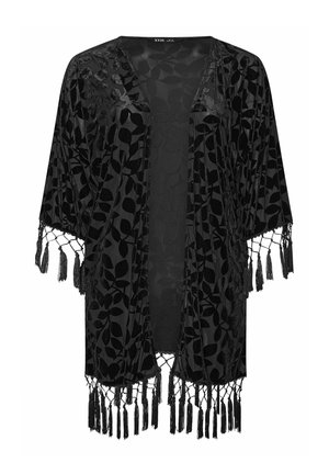 Kimono nero con motivo floreale. Realizzato in materiale leggero, presenta dettagli con frange alle maniche e un design aperto frontale.