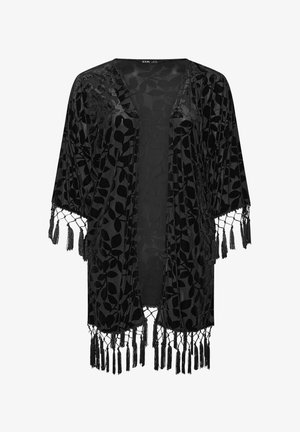 Schwarzes Kimono mit floralem Muster. Hergestellt aus leichtem Material, ausgestattet mit Quastenakzenten an den Ärmeln und offenem Frontdesign.