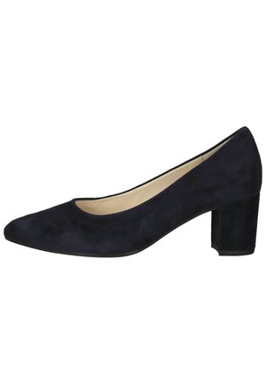 Navyblaue Wildleder-Pumps mit spitzem Zehenbereich, breitem Blockabsatz und glattem Innenfutter. Keine sichtbare Hardware oder Muster.