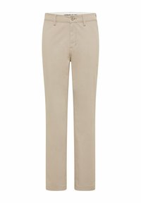 Pantalones de algodón beige con un diseño de pierna recta, con cierre de botón en la parte frontal, lazos para cinturón y bolsillos laterales, textura suave.