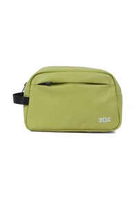 Hellgrünes rechteckiges Kulturbeutel mit einem schwarzen Seitenhandgriff, einer vorderen Reißverschlusstasche und kleinem weißen Logo in der unteren rechten Ecke.