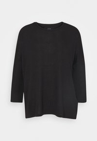 Czarny, oversized top z długim rękawem, okrągłym dekoltem oraz lekkim, teksturowanym materiałem. Prosty fason i luźny krój.