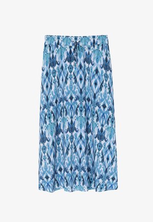 Fellő, térd hosszúságú szoknya könnyed anyagból, kék, türkiz és fehér bonyolult mintával, rugalmas derékkal és zsinórral.