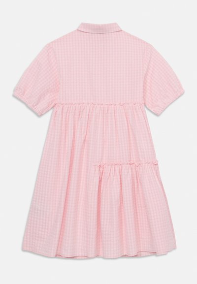 Light pink gingham dress with short sleeves, a collar, and a gathered skirt featuring two tiers and ruffled accents near the waist.