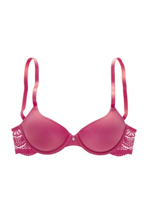 Pink padded underwire bra with lace trim on the sides, satin straps, smooth cups, and a decorative hardware accent in the center.