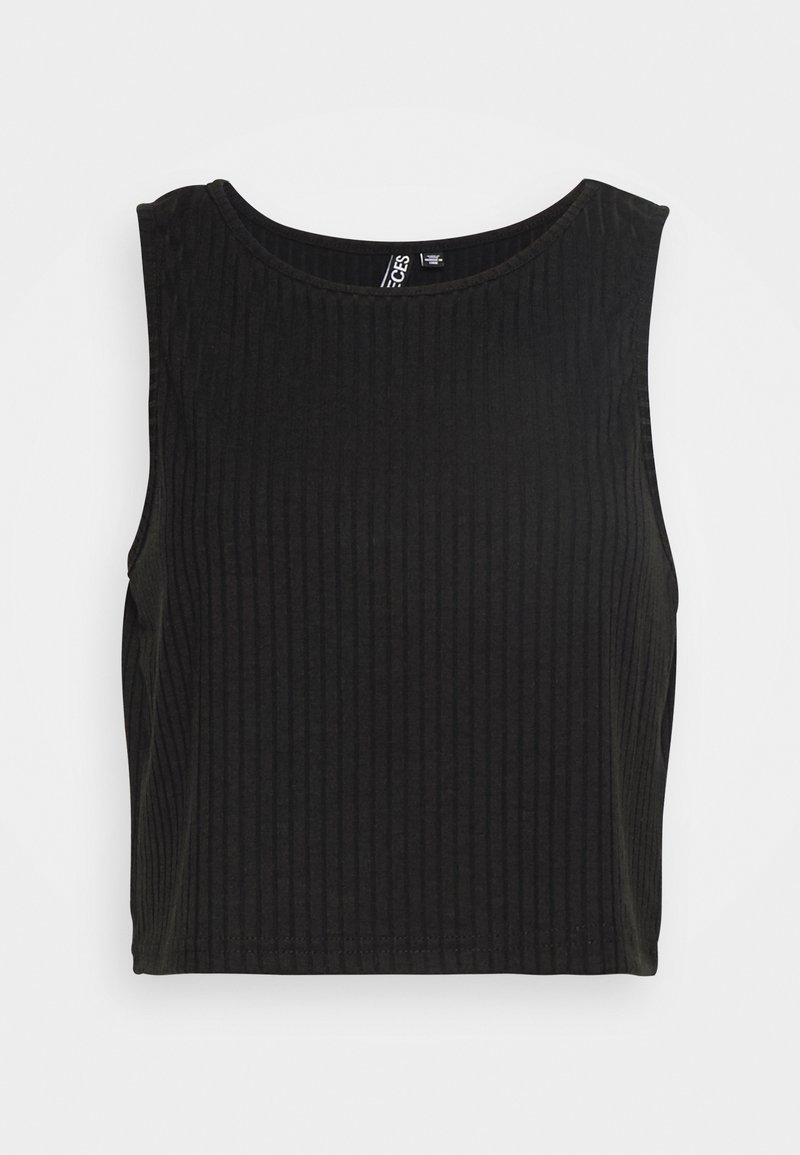 Top cropped preto com textura, de decote redondo e sem mangas. Feito de um tecido elástico, apresenta um padrão texturizado em toda a sua extensão.