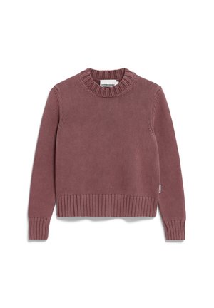 Gestrickter Pullover in staubigem Rosé, mit einem gerippten Rundhalsausschnitt und gerippten Bündchen, einem geraden Saum und einer Struktur, die horizontale Muster zeigt.