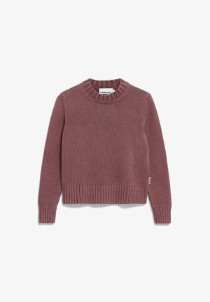 Gebreide trui in stoffige rozenkleur, met een geribbelde ronde hals en geribbelde manchetten, met een rechte zoom en textuur die horizontale patronen toont.