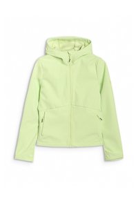 Veste à capuche vert clair avec fermeture éclair sur toute la longueur devant, manches longues et deux poches latérales zippées, présentée sur fond blanc uni.
