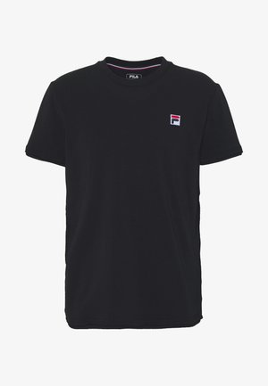 Zwart katoenen T-shirt met een ronde hals, korte mouwen en een klein rood-wit-blauw logo op de linkerborst. Eenvoudig, effen ontwerp.