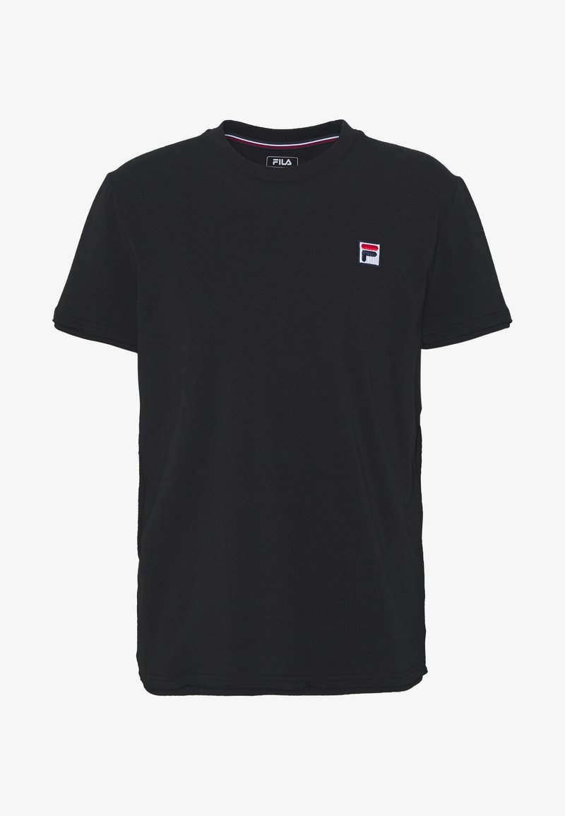 T-shirt en coton noir avec col rond, manches courtes, et un petit logo rouge, blanc et bleu sur le côté gauche de la poitrine. Design simple et sans motif.