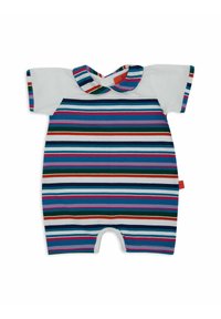 Romper a righe in vari colori tra cui blu, verde, rosso e bianco. Presenta un colletto tondo e maniche corte. Tessuto morbido.