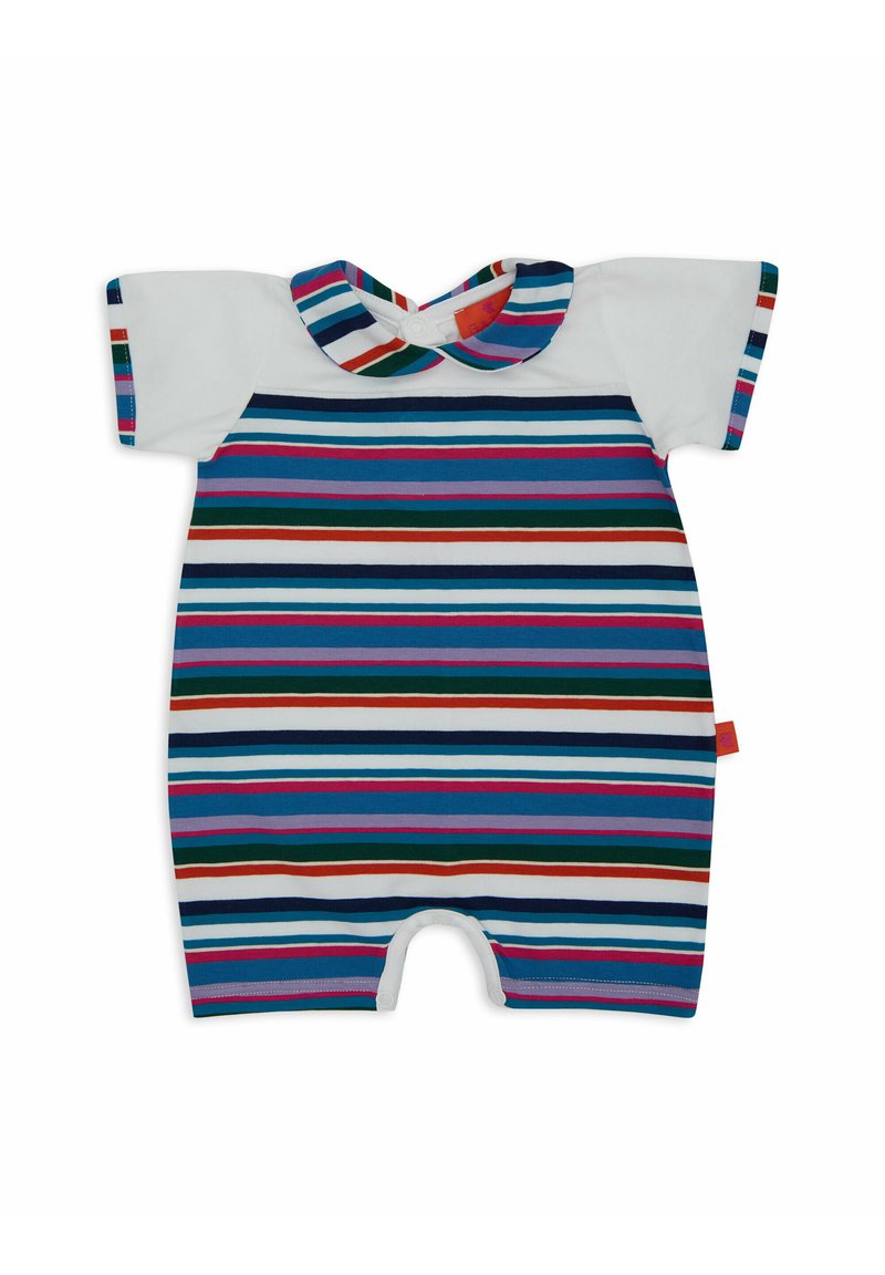 Romper a righe in vari colori tra cui blu, verde, rosso e bianco. Presenta un colletto tondo e maniche corte. Tessuto morbido.