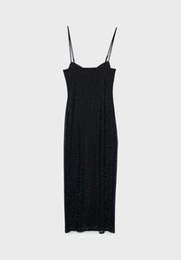 Czarna, bezrękawnikowa sukienka midi z cienkimi ramiączkami i prostym krojem, z rozproszonym wzorem kropek dla dodatkowej tekstury.