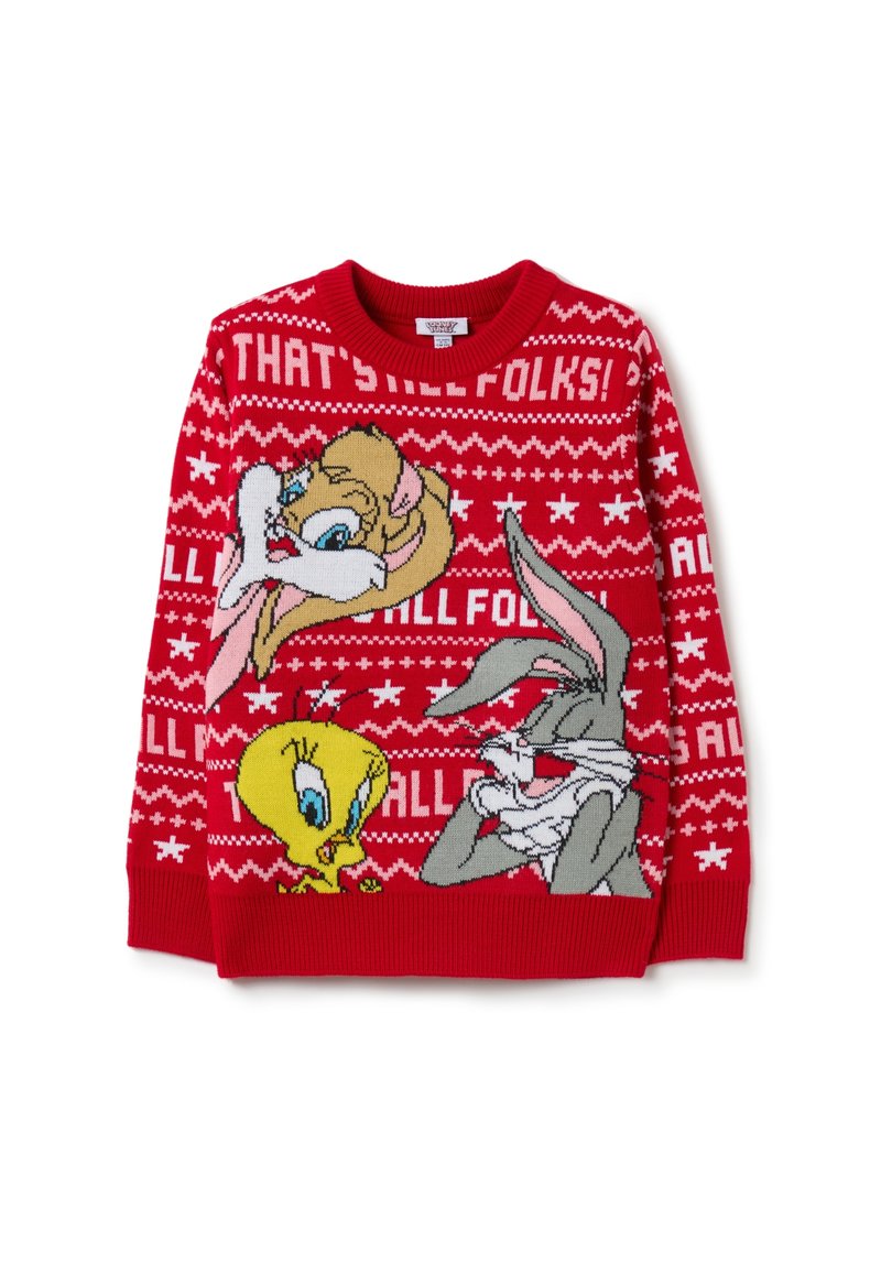 Roter Strickpullover mit Cartoonfiguren Bugs Bunny, Tweety Bird und Porky Pig. Der Text lautet "DAS WAR'S, LEUTE!" in Weiß.