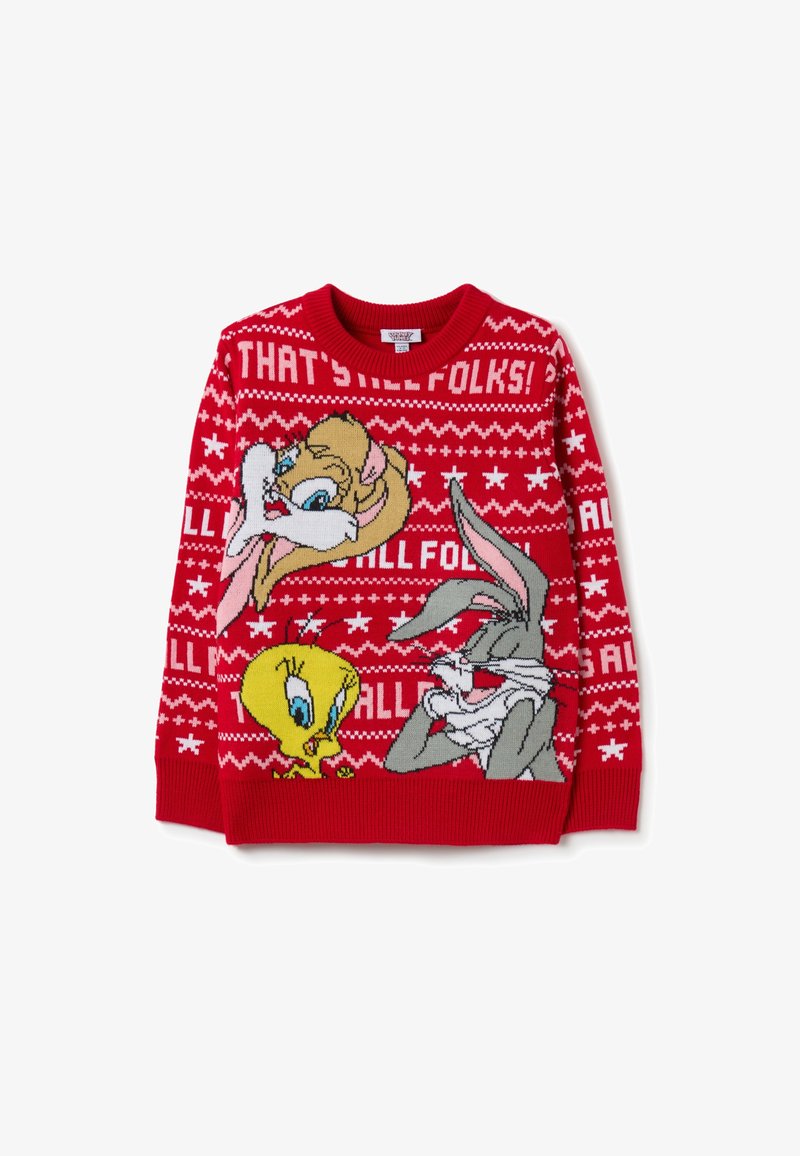 Roter Strickpullover mit Cartoonfiguren Bugs Bunny, Tweety Bird und Porky Pig. Der Text lautet "DAS WAR'S, LEUTE!" in Weiß.