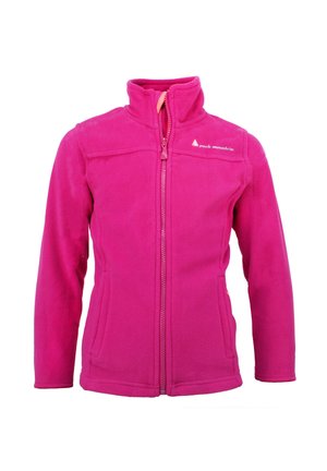 Veste en molleton de couleur rose vif avec un col haut, fermeture éclair sur le devant, deux poches latérales et un détail de logo sur la poitrine gauche. Texture douce.
