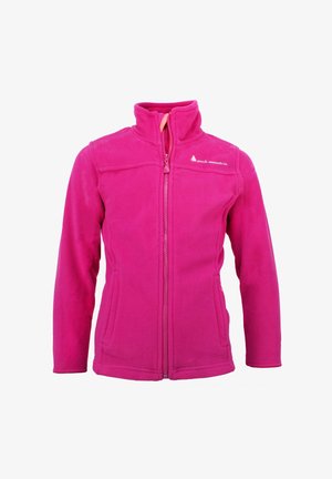 Giacca in pile di un brillante colore rosa, con colletto alto, zip frontale completa, due tasche laterali e dettaglio del logo sul lato sinistro del petto. Texture morbida.