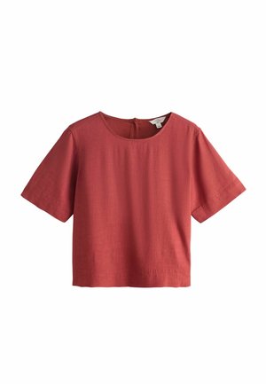 Kurzärmliges, kurzes Leinenoberteil in rostrot mit rundem Ausschnitt und Knopfverschluss auf der Rückseite.
