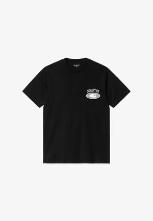 Czarna bawełniana koszulka z krótkim rękawem, okrągłym dekoltem, z białym graficznym logo na lewej piersi. Gładka tekstura, nowoczesny krój.