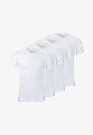 T-shirts en coton blanc à col en V, coupe ajustée, manches courtes, texture lisse, lot de quatre, longueur standard, sans motifs ni accents.