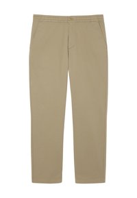 Beige bomullsbukser med rett ben-design, med elastisk midje og to frontlommer. Jevn tekstur uten synlige mønstre.
