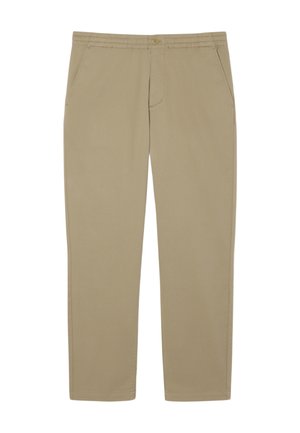 Pantaloni din bumbac bej cu un design pe picior drept, dotati cu un elastic la talie si doua buzunare frontale. Textură netedă, fără modele vizibile.
