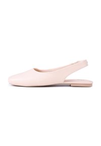 Bailarinas beige tipo slingback con punta redondeada, superficie lisa y suela plana. El diseño de parte trasera abierta mejora la transpirabilidad.