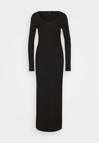 Vestido preto de mangas longas em tecido canelado, com decote redondo e ajuste justo, que se estende até ao chão. Textura suave e design ajustado ao corpo.