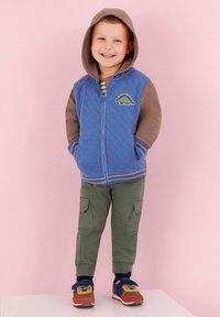 Dziecko w niebieskim, pikowanym, zapinanym na zamek hoodie z naszywką dinozaura, brązowymi rękawami, zielonymi spodniami cargo i wielokolorowymi trampkami. Różowe tło.