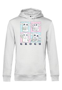 Szara bluza z kapturem z graficznym wzorem przedstawiającym cztery wizerunki Grogu na pastelowych tłach. Na dole znajduje się napis "GROGU".