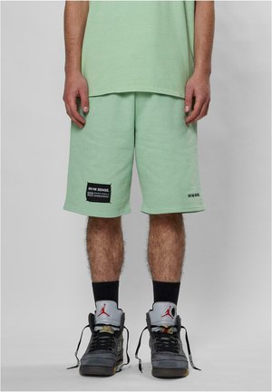 Mint green cotton shorts with a relaxed fit, featuring black branding patches and side pockets. Worn with black socks and gray sneakers.