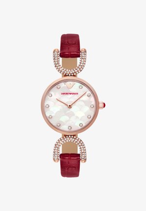 Emporio Armani Uhr mit Gehäuse aus Roségold, Zifferblatt aus Perlmutt, Stundenmarkierungen aus Kristall, verzierten, gebogenen Bandanstößen und rotem Lederarmband.