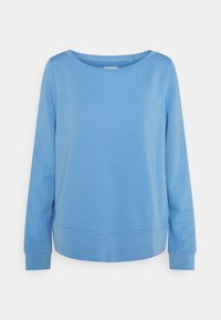 Felpa blu a maniche lunghe, con design a collo rotondo, tessuto morbido, polsini e orlo a coste, vestibilità casual con spacchi laterali per il comfort, senza fantasie.