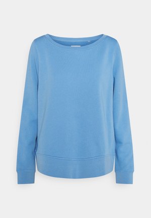 Felpa blu a maniche lunghe, con design a collo rotondo, tessuto morbido, polsini e orlo a coste, vestibilità casual con spacchi laterali per il comfort, senza fantasie.