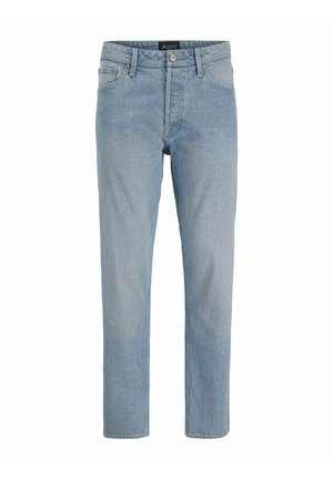 Jeans en denim bleu clair avec une coupe droite, un design à cinq poches, une fermeture à boutons et une finition légèrement délavée.